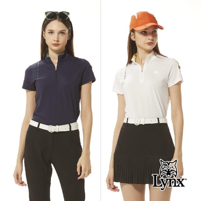 【Lynx Golf】首爾高桿風格！女款合身版吸排抗UV配色曲線造型山貓膠標短袖POLO衫/高爾夫球衫(二色)