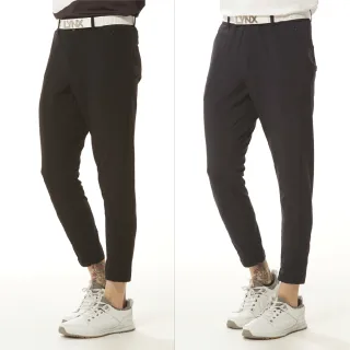 【Lynx Golf】首爾高桿風格！男款彈性舒適精簡外觀褲口拉鍊造型山貓膠標平口窄管休閒長褲(二色)