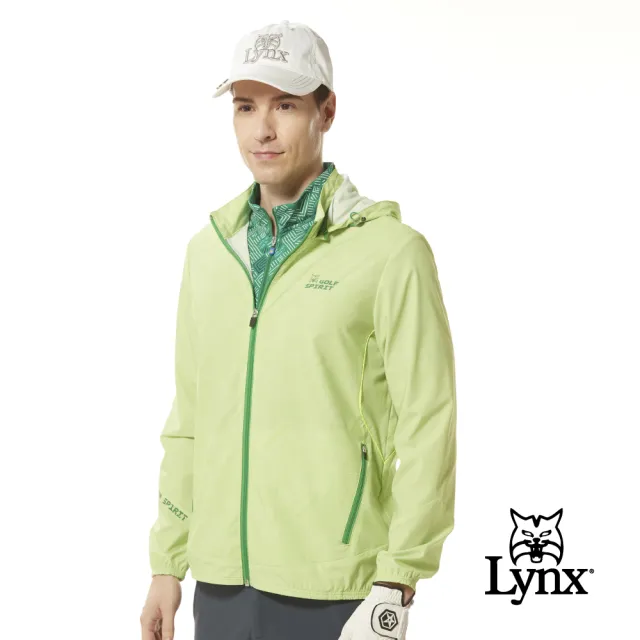 【Lynx Golf】男款防潑水四面彈性壓光印反光出芽繩造型拉鍊口袋連帽可拆式長袖外套(二色)