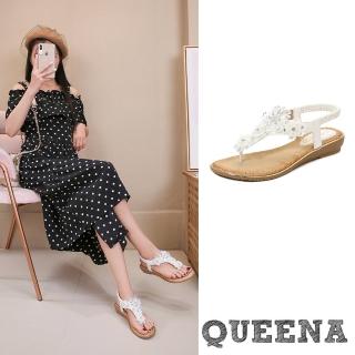 【QUEENA】坡跟涼鞋 夾腳涼鞋/浪漫優雅紗花珠飾夾腳坡跟涼鞋(白)