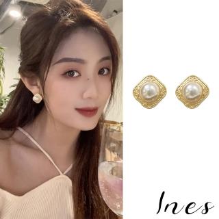 【INES】S925銀針法式復古幾何宮廷風方框珍珠造型耳環(S925銀針耳環 方框耳環 珍珠耳環)