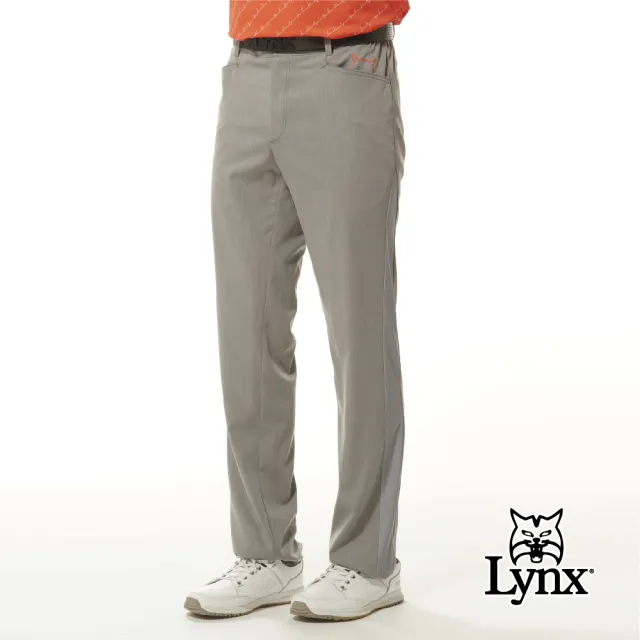 【Lynx Golf】男款彈性舒適材質口袋山貓印花兩側配布剪裁造型後腰網布剪接平口休閒長褲(二色)