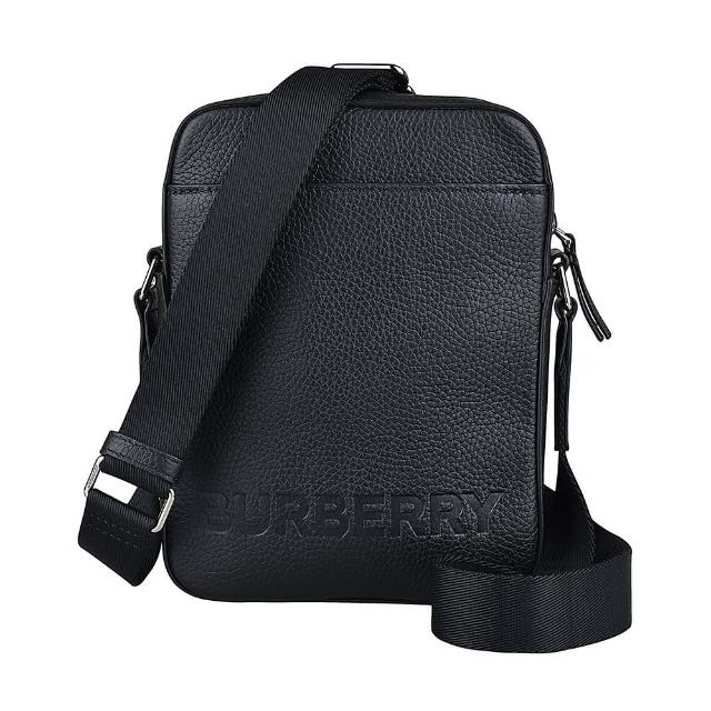 【BURBERRY 巴寶莉】BURBERRY Thornton壓印LOGO牛皮拉鍊斜背包(黑)