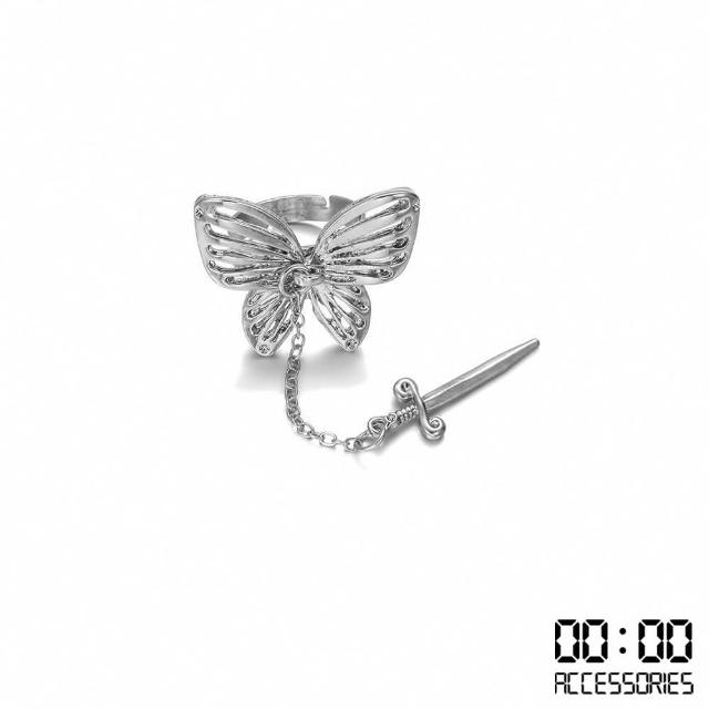 【00:00】縷空蝴蝶穿插聖劍造型戒指 開口戒(縷空戒指 蝴蝶戒指 聖劍戒指)