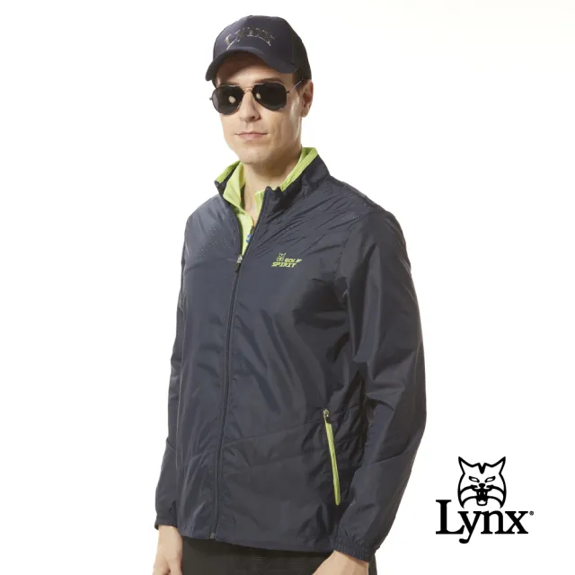 【Lynx Golf】男款輕量沖孔透氣布料剪裁斜紋造型拉鍊口袋長袖外套(三色)