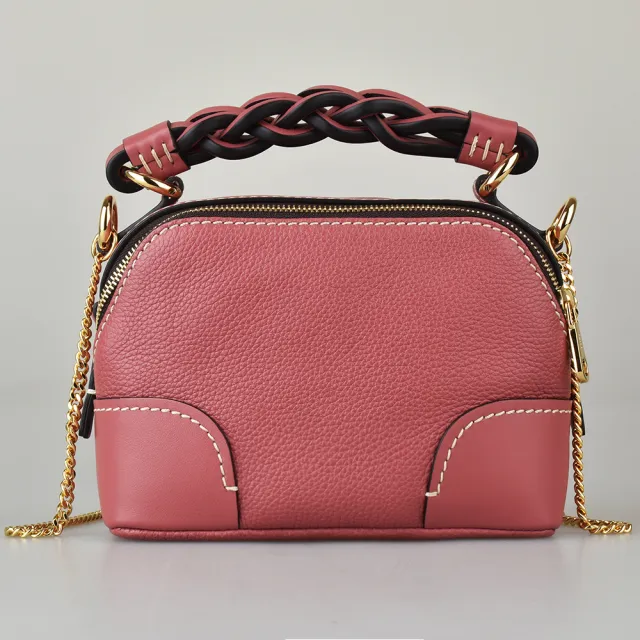 【Chloe’ 蔻依】Chloe’ DARIA燙金LOGO編織提把小牛皮拉鍊手提斜背包(小/粉紅)