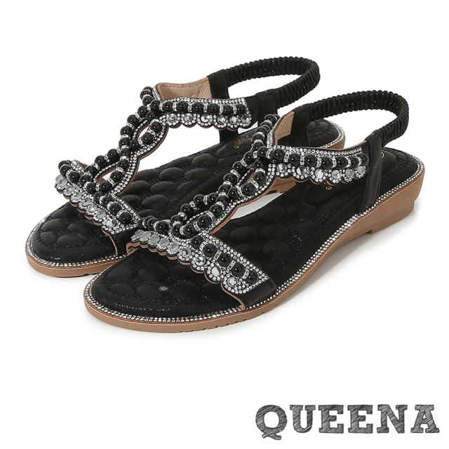 【QUEENA】坡跟涼鞋 珍珠涼鞋/波西米亞民族風華麗輕奢8字珍珠美鑽造型坡跟涼鞋(黑)