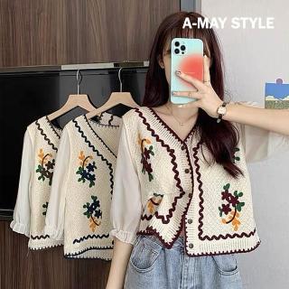 【艾美時尚】現貨 女裝 上衣 襯衫 日韓設計 刺繡V領拼接五分袖雪紡衫(3色)
