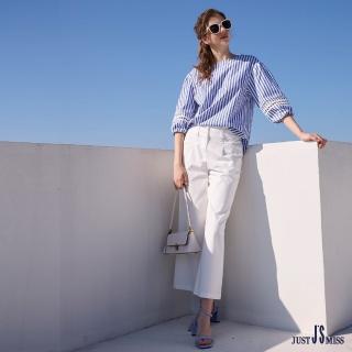 【Just J’S Miss】純棉雙開扣中高腰百搭素色小喇叭長褲 附口袋