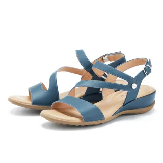 【CHOiCE】真皮斜邊金屬釦楔型中跟涼鞋(藍色)