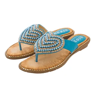 【QUEENA】坡跟拖鞋 夾腳拖鞋/波西米亞民族風甜美愛心串珠造型坡跟夾腳拖鞋(藍)