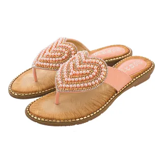 【QUEENA】坡跟拖鞋 夾腳拖鞋/波西米亞民族風甜美愛心串珠造型坡跟夾腳拖鞋(粉)