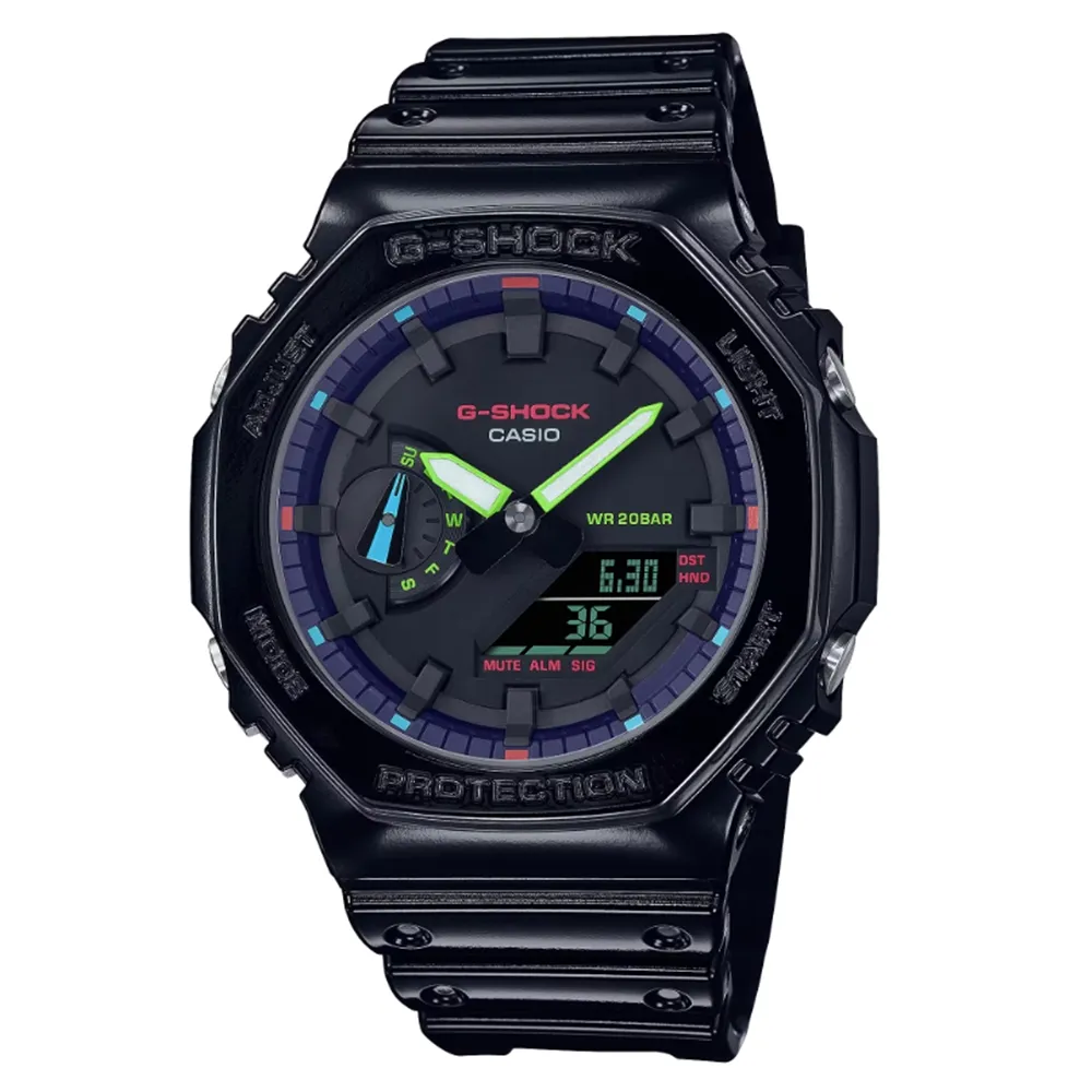 【CASIO 卡西歐】G-SHOCK 電競美學 虛擬虹光 八角形錶殼 GA-2100RGB-1A_45.4mm