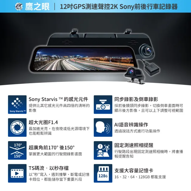 【鷹之眼】買就送霧化機 12吋GPS測速聲控 2K Sony前後鏡頭行車紀錄器-附32G卡(TA-B001 行車記錄器)