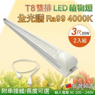 【加特屋】T8 雙排 3尺30W 全光譜 植物燈 4000K Ra99 植物生長燈 2入組(附串接線 太陽光 支架燈)
