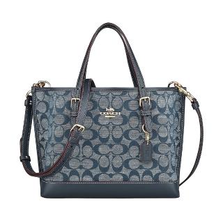 【COACH】COACH MOLLY 25 MOLLIE金屬LOGO印花帆布搭牛皮開口式兩用托特包(丹寧藍)