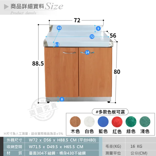 【Abis】客製商品-豪華升級款不鏽鋼72平台/流理台/工作台/收納廚具-多款門板可選(桶身430)