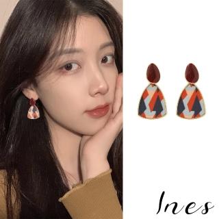 【INES】S925銀針法式幾何馬賽克圖樣布藝拼接造型耳環(S925銀針耳環 馬賽克耳環 拼接耳環)