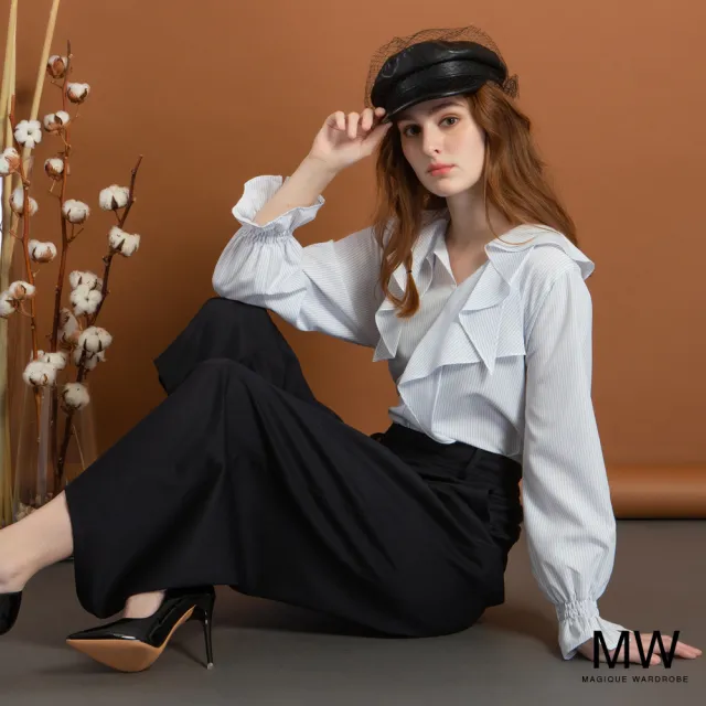 【MAGIQUE WARDROBE】荷葉直條紋長袖襯衫上衣(2色)