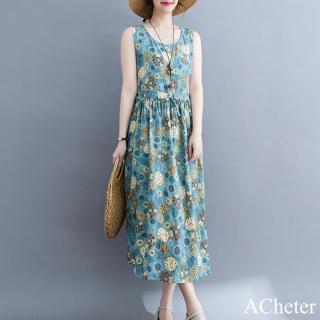 【ACheter】森林田園印花藍調文藝圓領大碼棉麻碎花無袖連身裙背心長版洋裝#117725(藍色)