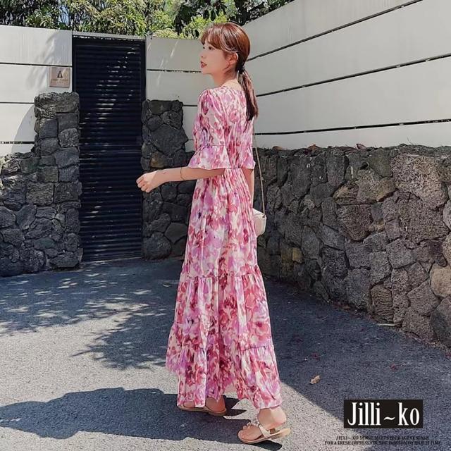 【JILLI-KO】V領渲染碎花高腰顯瘦桔梗連衣裙-F(紅)