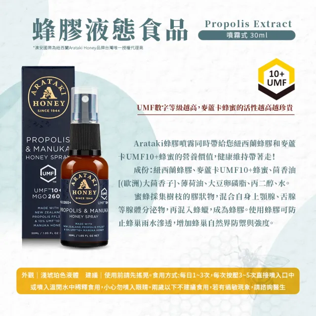 即期品【Arataki】紐西蘭麥蘆卡UMF10+蜂蜜蜂膠液態食品30ml-蜂膠噴劑3入組(紐西蘭80年最老牌 多入超優惠)
