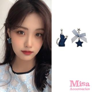 【MISA】S925銀針不對稱貓咪星星蝴蝶結造型耳環(S925銀針耳環 不對稱耳環 貓咪耳環)