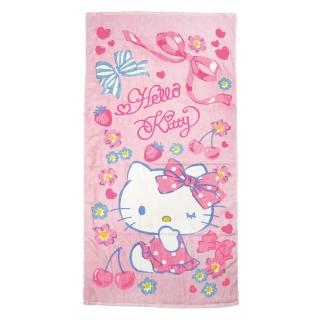 【小禮堂】Hello Kitty 棉質浴巾 70x140cm - 粉眨眼櫻桃款(平輸品)