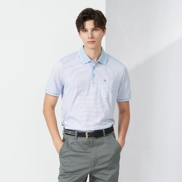 【pierre cardin 皮爾卡登】休閒服飾 男款 直條三角印花短袖POLO衫-水藍色(5237266-35)