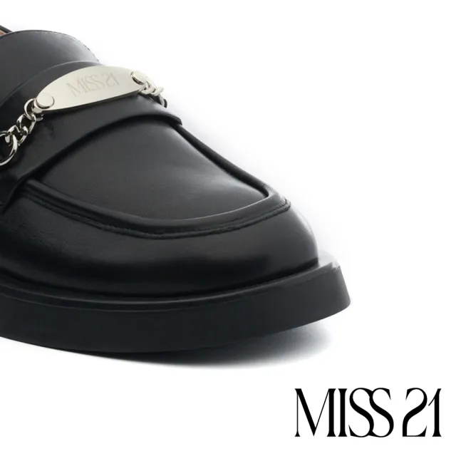 【MISS 21】質感金屬鍊條純色全真皮樂福低跟鞋(黑)