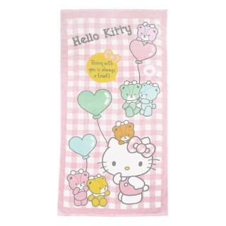 【小禮堂】Hello Kitty 棉質浴巾 70x140cm - 粉格子氣球款(平輸品)