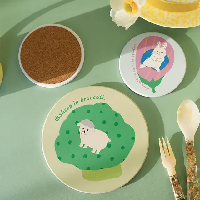 INS北歐風可愛圓型陶瓷隔熱墊 4入組 附收納底座(軟木隔熱墊 止滑墊 鍋墊)