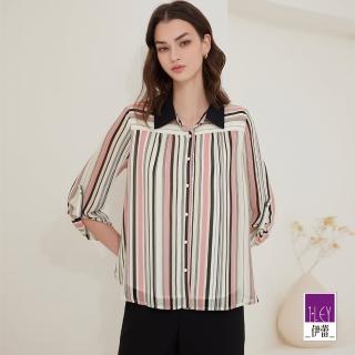 【ILEY 伊蕾】摩登撞色條紋排釦珍珠寬鬆雪紡上衣(粉色；M-XL；1231081504)