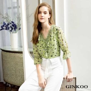 【GINKOO 俊克】雪紡簍空蕾絲花朵上衣