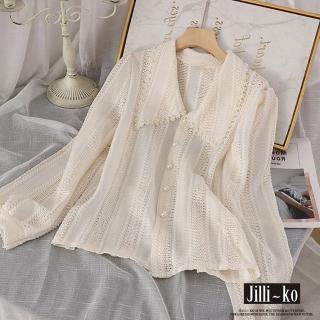 【JILLI-KO】娃娃領珍珠扣設計感蕾絲鏤空襯衫-F(黑/杏)