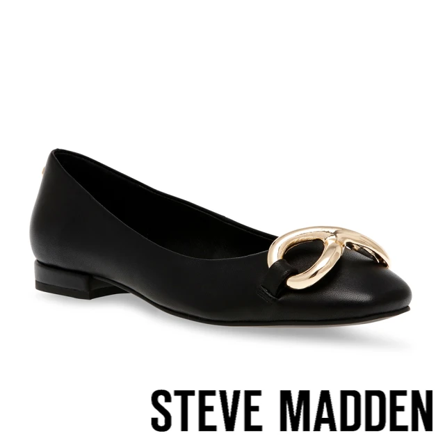 【STEVE MADDEN】GRACYN 真皮飾釦圓頭平底鞋(黑色)