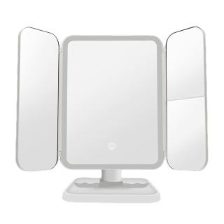 【SKYOCEAN】桌面三折USB充電式LED化妝鏡 無極無段式調光 網紅三色溫補光燈美肌梳妝鏡子美顏貝殼鏡