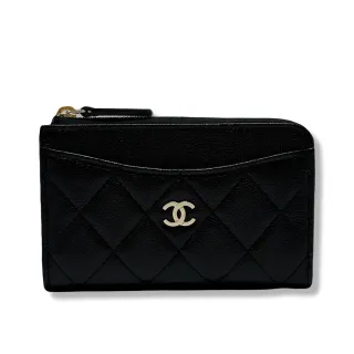 【CHANEL 香奈兒】經典款 雙C L型拉鍊錢包/卡包(黑色 x 荔枝紋牛皮 x 淡金釦)