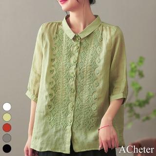 【ACheter】七分袖刺繡棉麻襯衫藝復古設計感棉麻短版上衣#117589(5色)