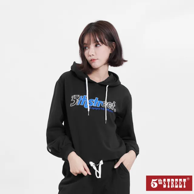【5th STREET】女裝毛巾繡泡泡袖連帽T恤(黑色)