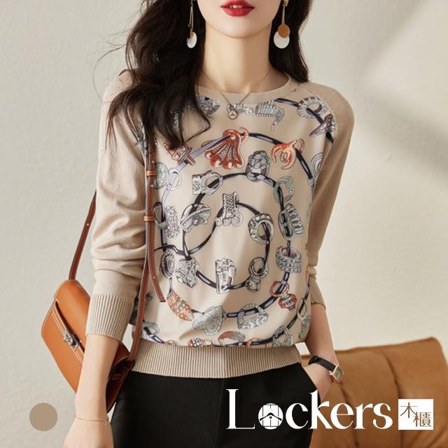 【Lockers 木櫃】春季緞面印花螺紋長袖上衣 L112031305(長袖上衣 女上衣)