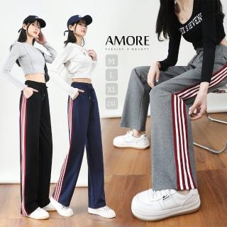 【Amore】鬆緊腰落地顯高條紋休閒寬褲 3色 M-XXL(顯高顯瘦超百搭)