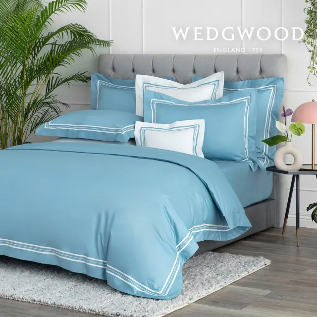 【WEDGWOOD】500織長纖棉Bi-Color素色被套枕套組-曜石藍(雙人180x210cm)