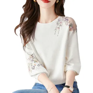 【MsMore】甜美小清新花朵顯瘦圓領露肩七分袖短版上衣#116476(白色)