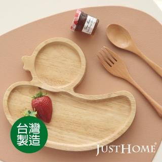 【Just Home】臺灣製剪影橡膠木餐盤-鴨子外型-附原木叉子/湯匙(3件組)