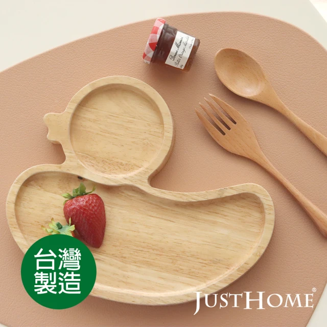 Just Home 台灣製剪影橡膠木餐盤-鴨子外型-附原木叉子/湯匙(3件組)