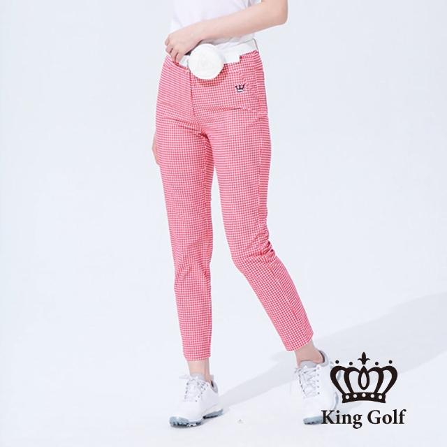 【KING GOLF】速達-網路獨賣款-女款格紋印圖LOGO燙標舒適修身休閒長褲(紅色)