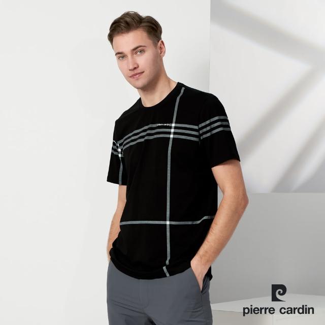 【pierre cardin 皮爾卡登】商務休閒 男款 大定位格子印花圓領短袖上衣-黑色(5237281-99)