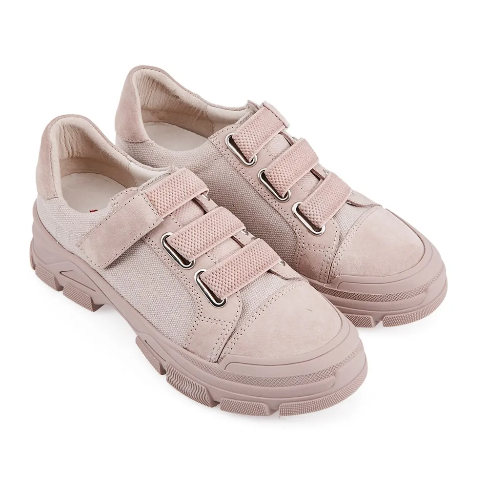 【A.S.O 阿瘦集團】BESO 絨面皮彈性鞋帶鋸齒厚底休閒鞋(粉褐色)