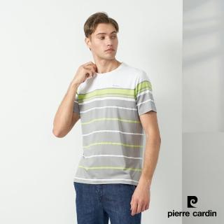 【pierre cardin 皮爾卡登】商務休閒 男款 橫條圓領短袖上衣-灰色(5237280-95)